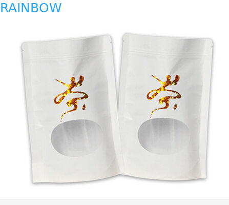 Vlakke het document van bodem witte kraftpapier tribune op zak met mylar ritssluitingsritssluiting en venster