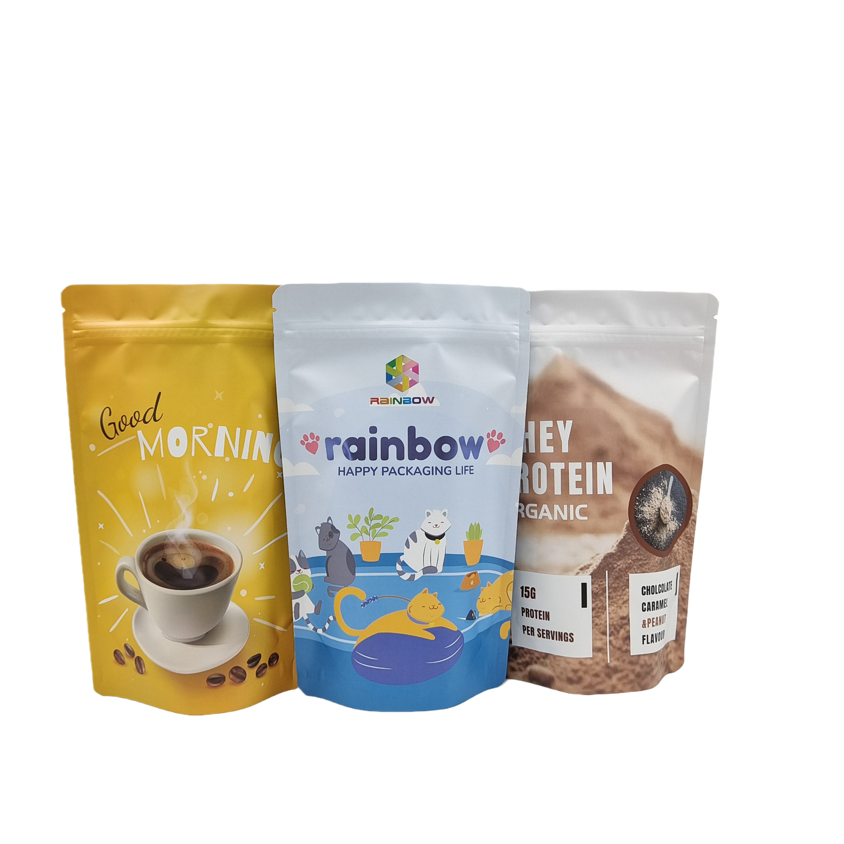 Eetbare Plastic Verpakking Aluminiumfolie Rits Opstaande Zakken Voor Snack Cookie Eiwitpoeder