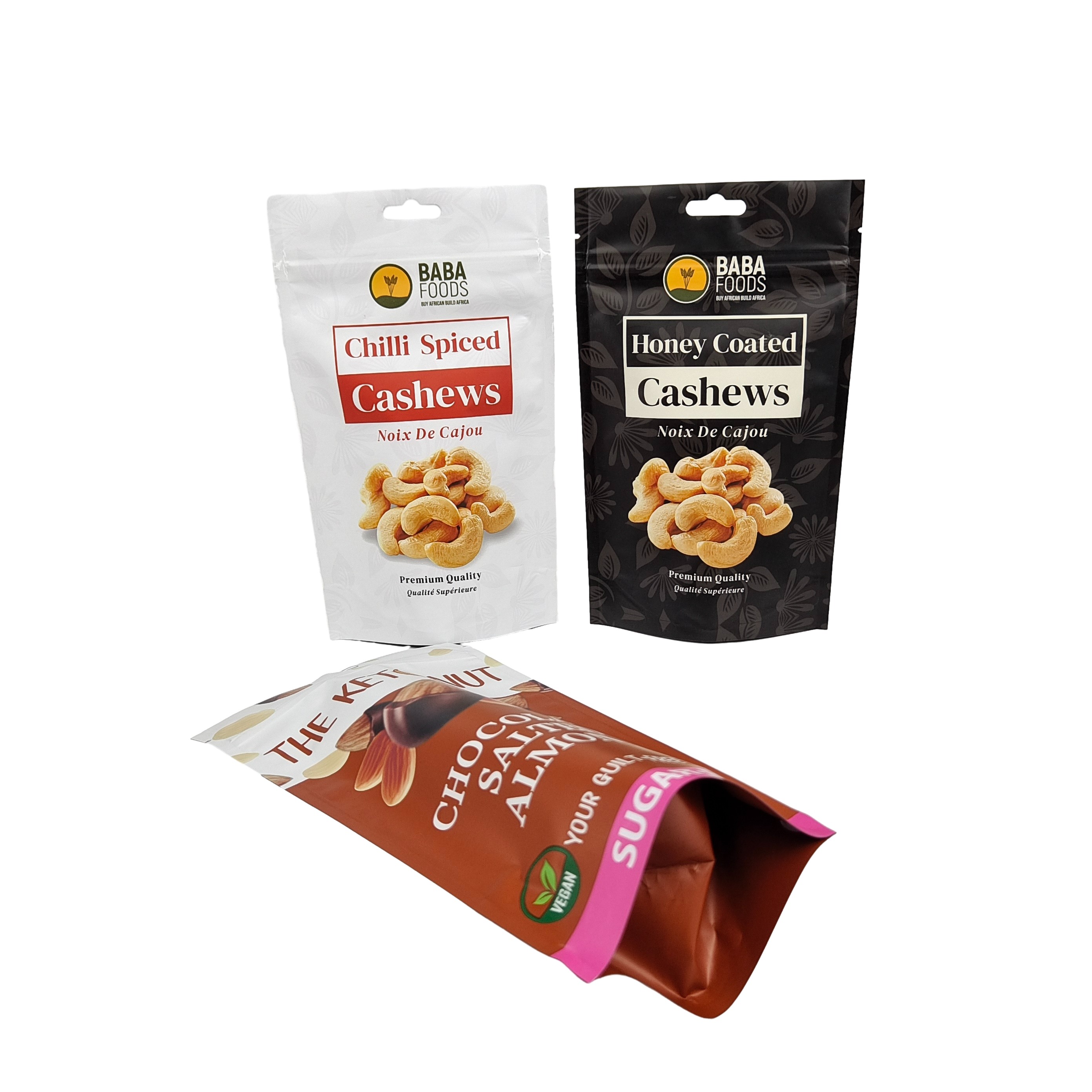 Op maat vergrendelbare plastic chocoladebonen zak Aluminiumfolie Stand up zak Snack Cashew Zipper zak