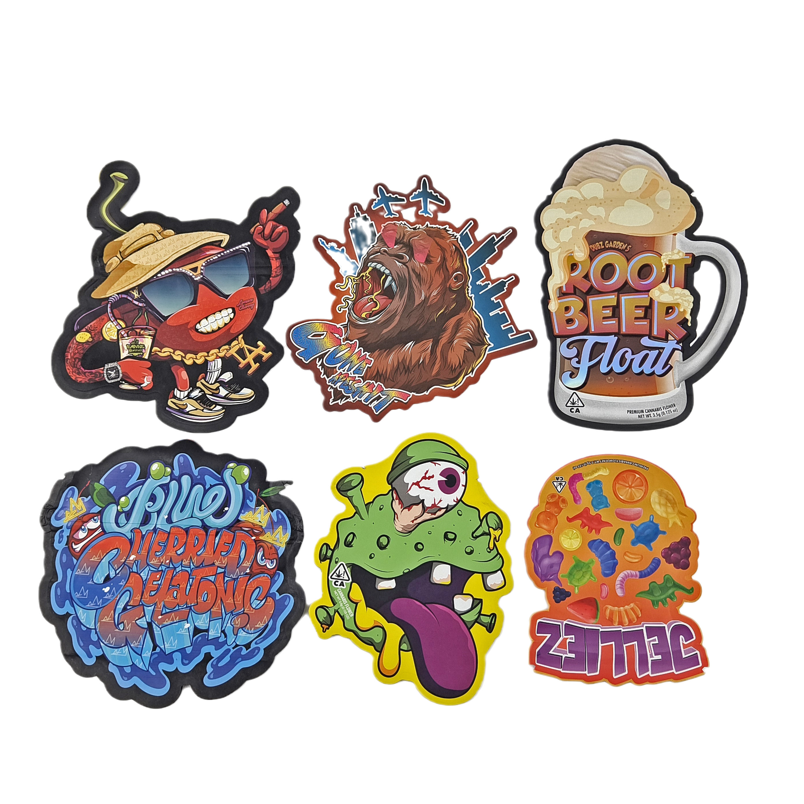 Geurbestendige op maat gedrukte 3,5 g unieke speciale vorm onregelmatige voedselverpakking die gesneden zakken met ziplock mylar zakken