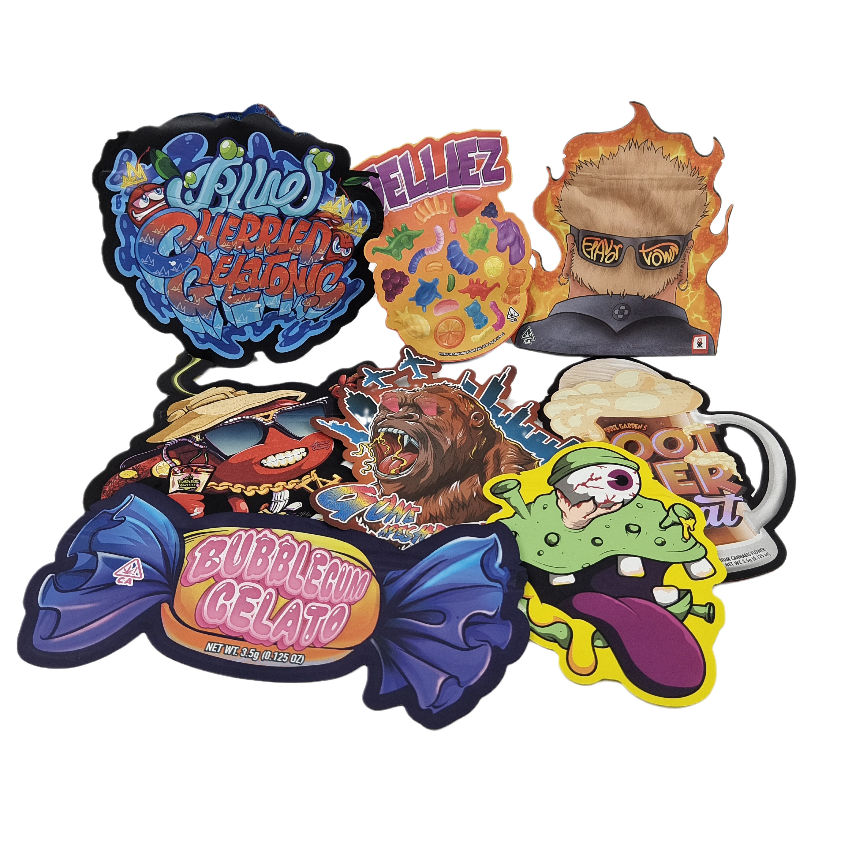 3.5g Op maat gedrukte Mylar-zakken met onregelmatige vorm gesneden ziplockzakken verpakkingszakken voor snackkoekjes snoep