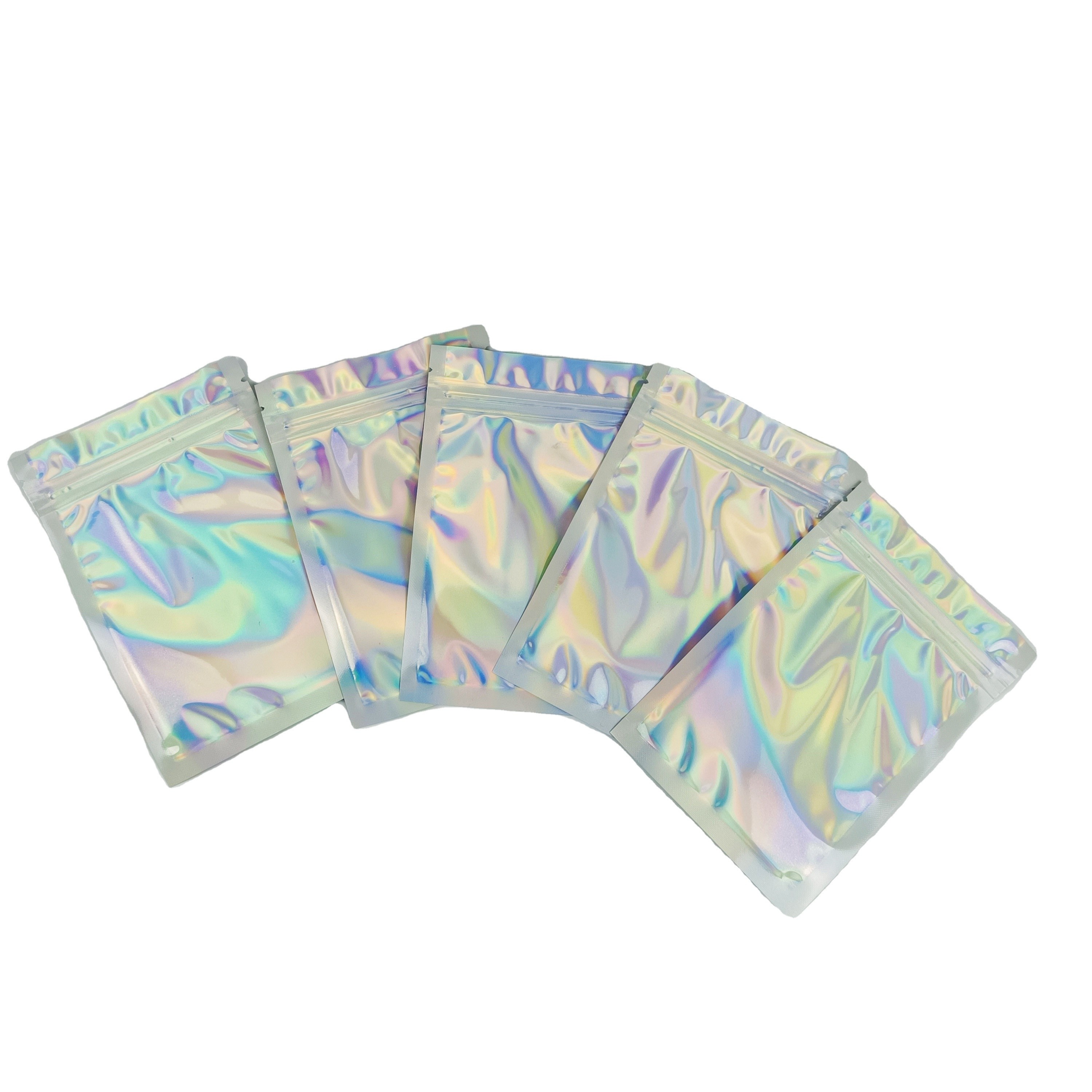 Gepersonaliseerde logo Zip Lock Bags Flat Holographic Film Mini Mylar Driezijdige zegel