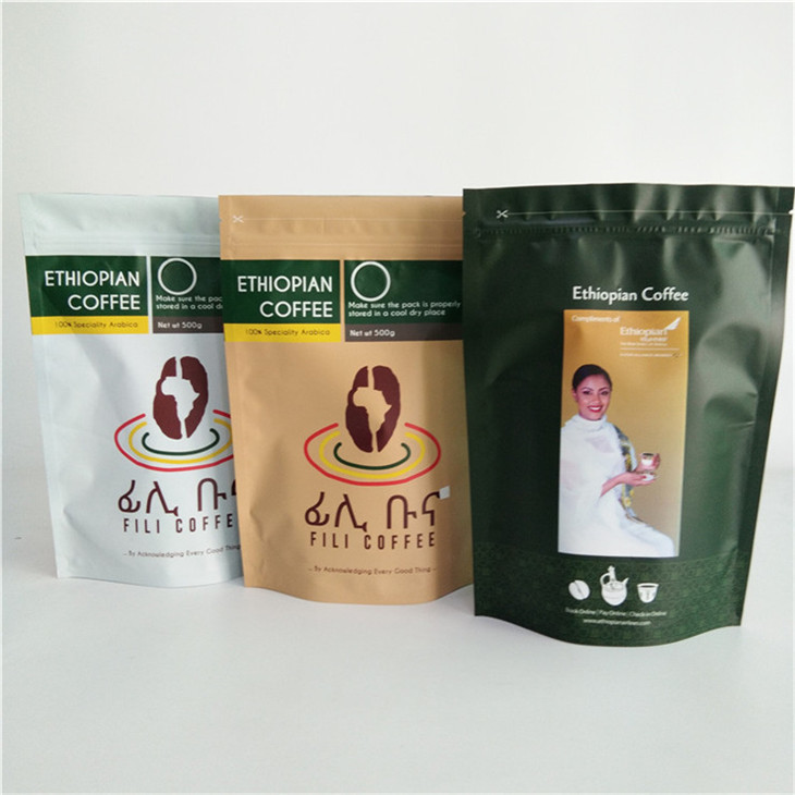 Milieuvriendelijk aangepast papier Flexible verpakking Kraft koffie Ziplock Stand Up pouch bag voor 250g 500g en 1kg