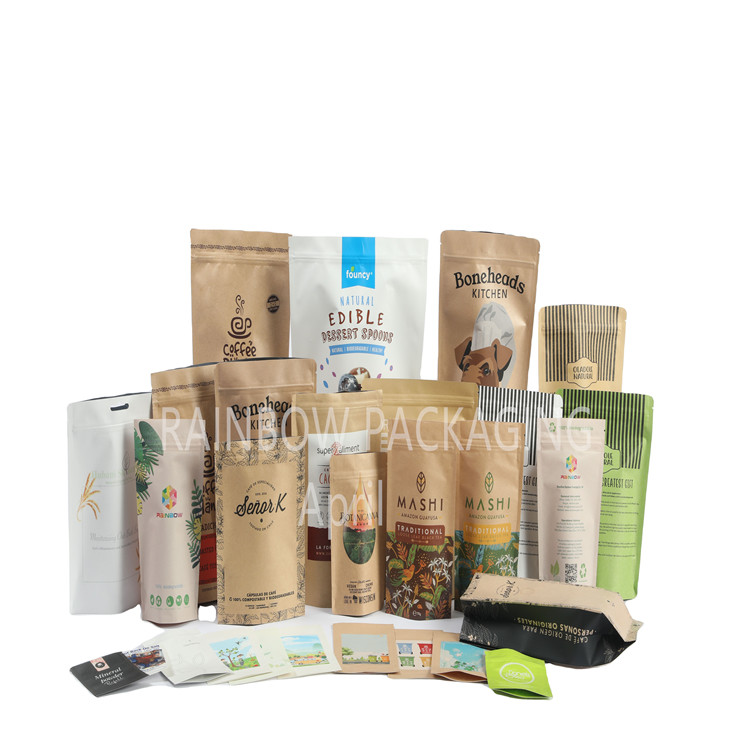 Custom Food Grade PLA Brown Kraft Paper Bags Mango's Poeder Voedsel Huisdieren Lekkerheden Eetbare Verpakkingen Mylar Met Zipper