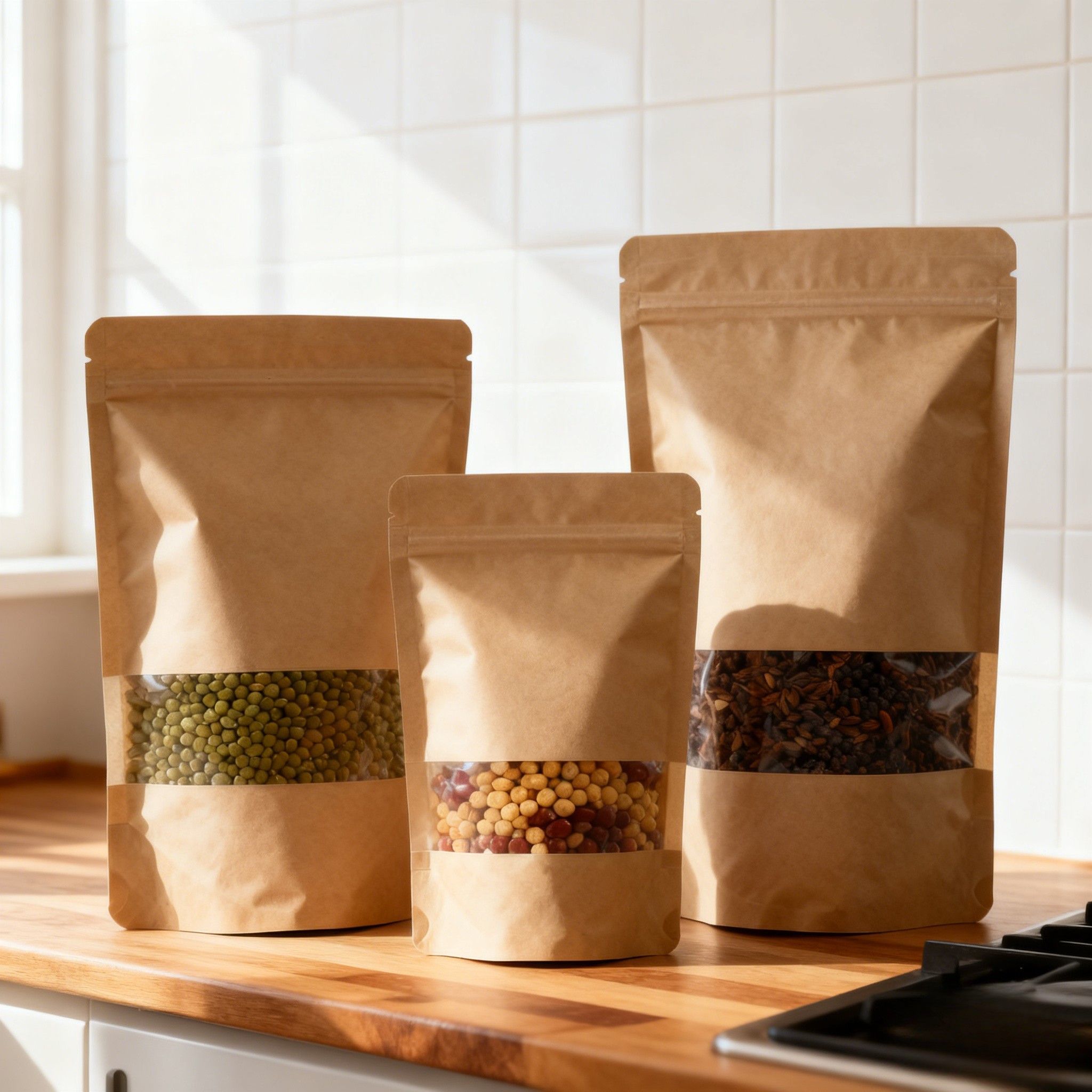 Gepersonaliseerde Biologisch afbreekbare vochtbestendige stand-up zak Kraft papier zak voor voedselverpakkingen