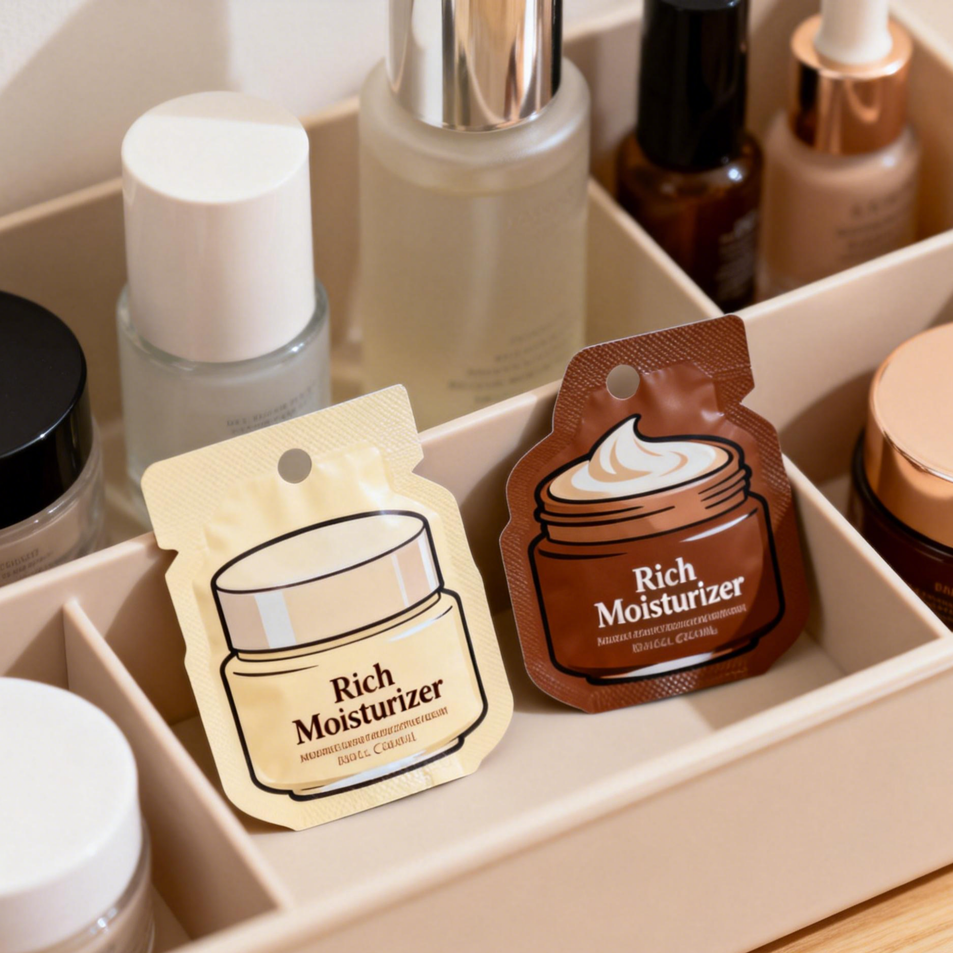 Aangepaste huidverzorgingslotioncrème Verpakking Plastic Kleine Cosmetische Sample Sachet Mylar Foliezakken Hitteverzegelbare Zak Sachets Kleine Mini Pouch